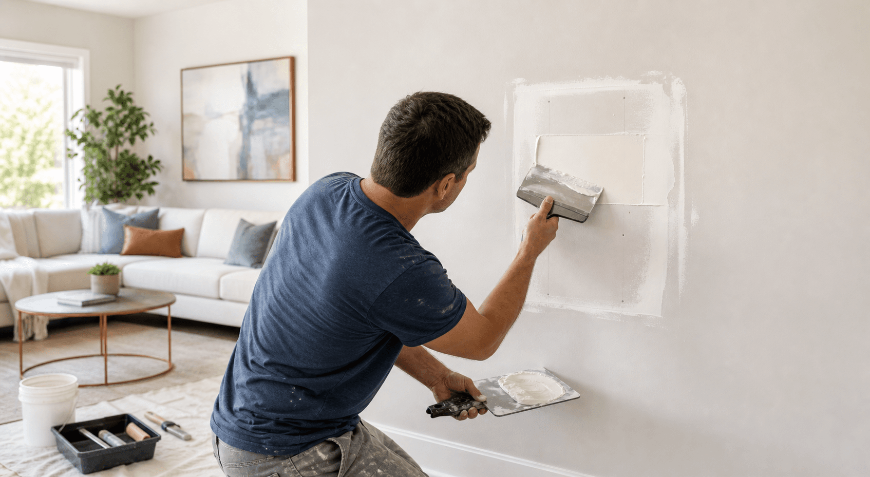 Drywall professional applying joint compound to a prepared wall repair